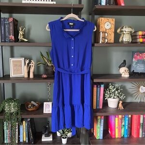 DKNY - Blue sleeveless fit & flare trapeze dress with tie belt